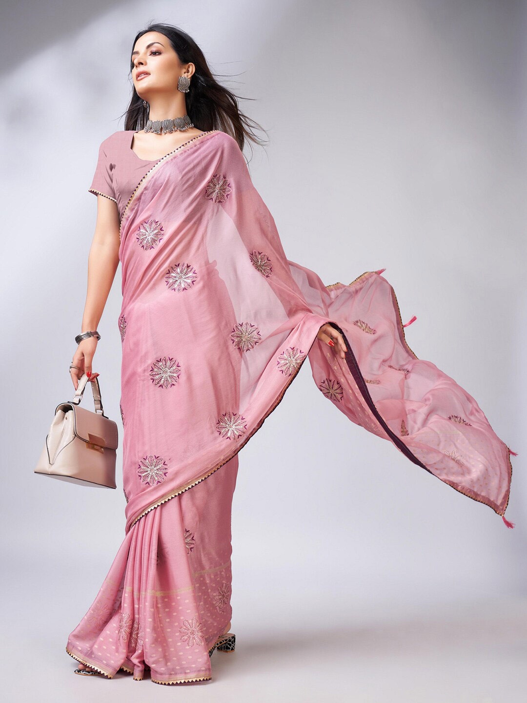 

Mitera Pink Ethnic Motifs Embroidered Gotta Patti Detailed Saree