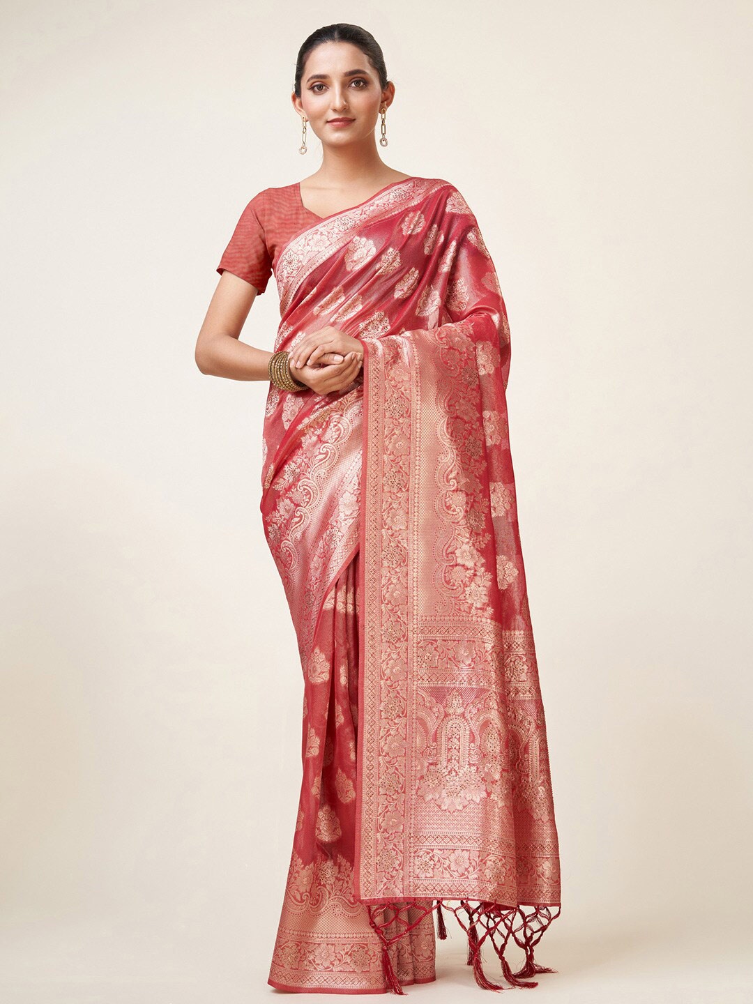 

Mitera Pink & Gold-Toned Ethnic Motifs Woven Design Zari Organza Saree