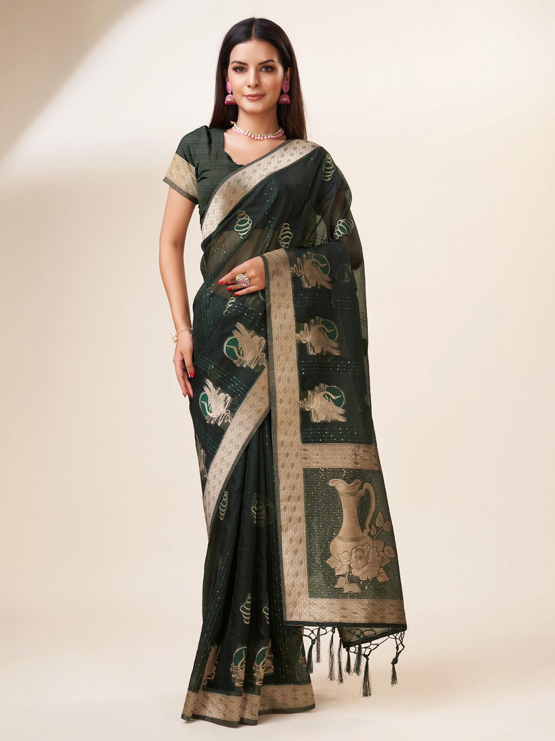 

Mitera Green & Gold-Toned Ethnic Motifs Woven Design Zari Organza Saree