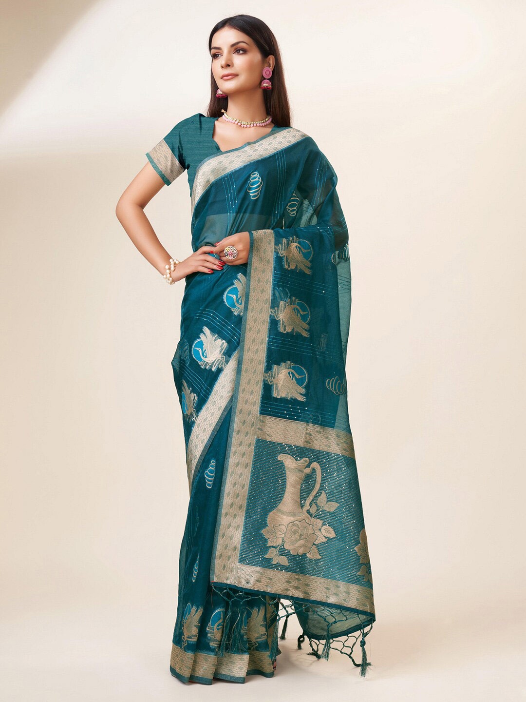 

Mitera Turquoise Blue & Gold-Toned Ethnic Motifs Woven Design Zari Organza Saree