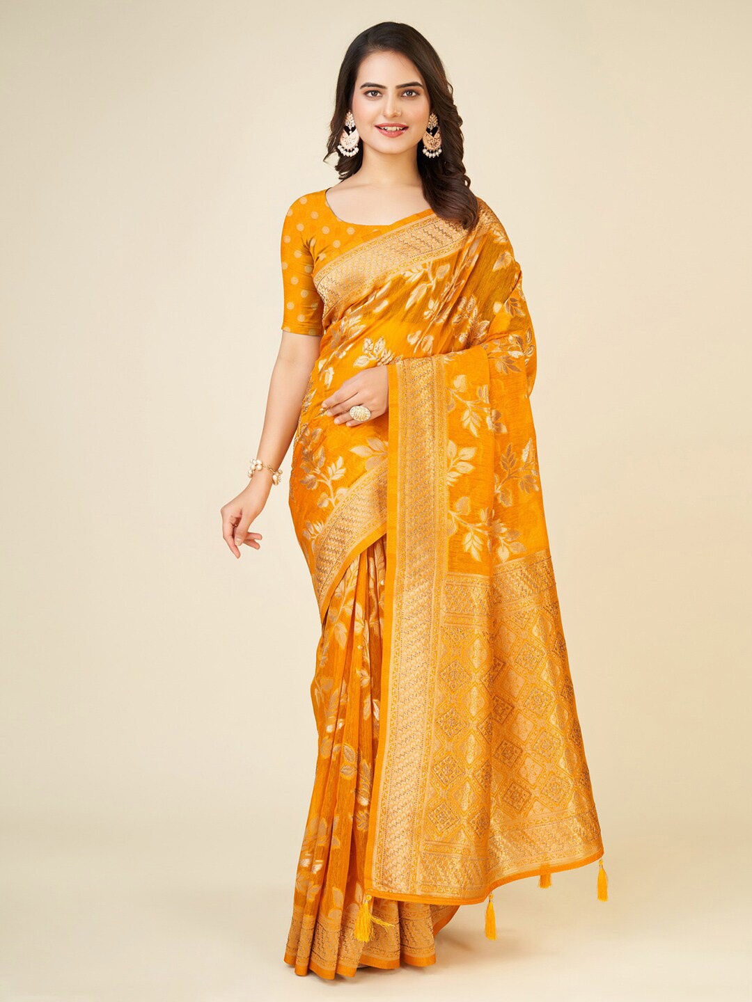 

Mitera Yellow & Gold-Toned Floral Woven Design Zari Organza Saree