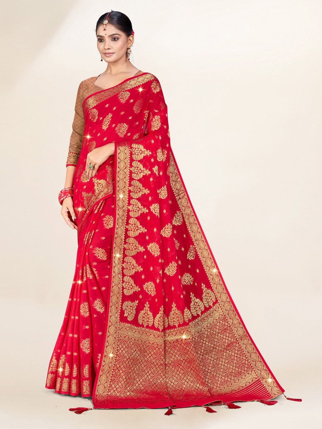 

Mitera Ethnic Motifs Woven Design Zari Pure Georgette Saree, Pink