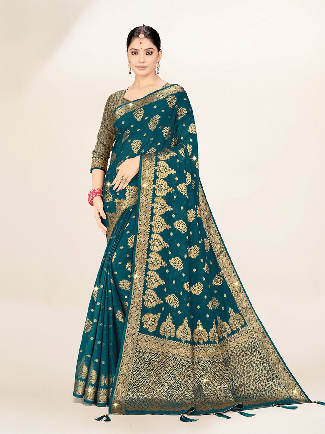 

Mitera Blue & Gold-Toned Ethnic Motif Woven Design Zari Pure Georgette Saree