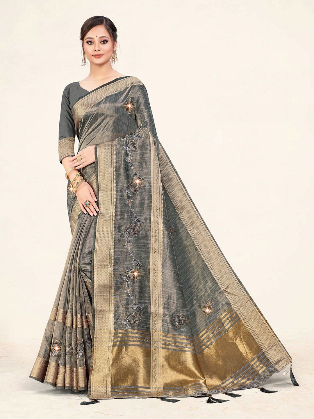 

Mitera Grey Ethnic Motifs Embroidered Zari Detailed Organza Saree