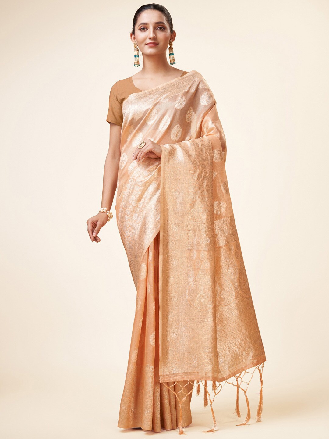 

Mitera Ethnic Motifs Woven Design Zari Organza Saree, Peach