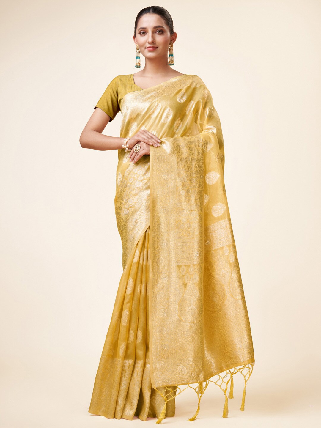 

Mitera Yellow & Gold-Toned Ethnic Motifs Woven Design Zari Organza Saree