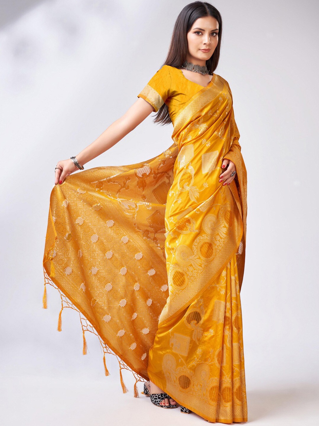 

Mitera Ethnic Motifs Woven Design Zari Organza Saree, Yellow