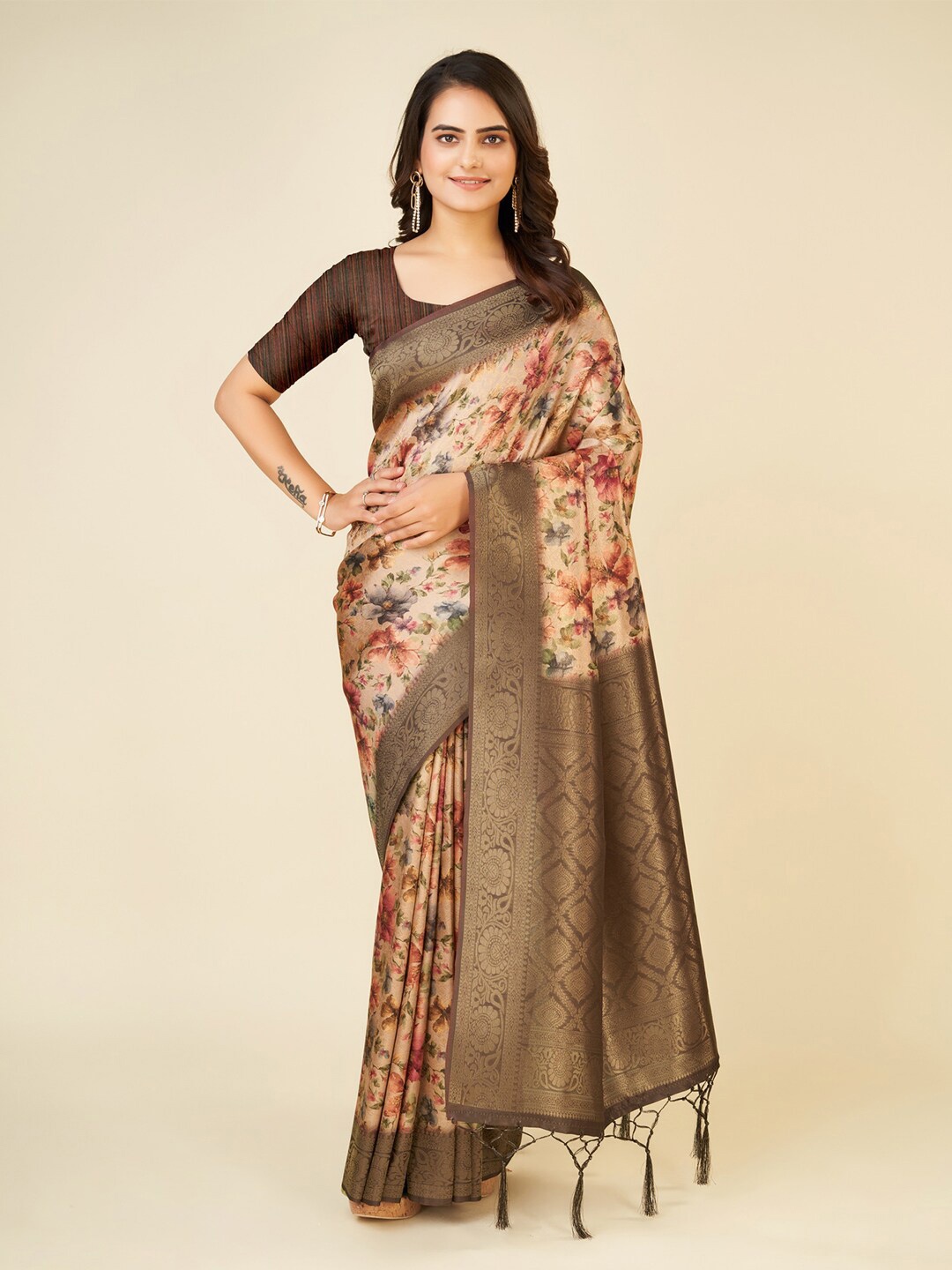 

Mitera Brown & Red Floral Printed Zari Saree