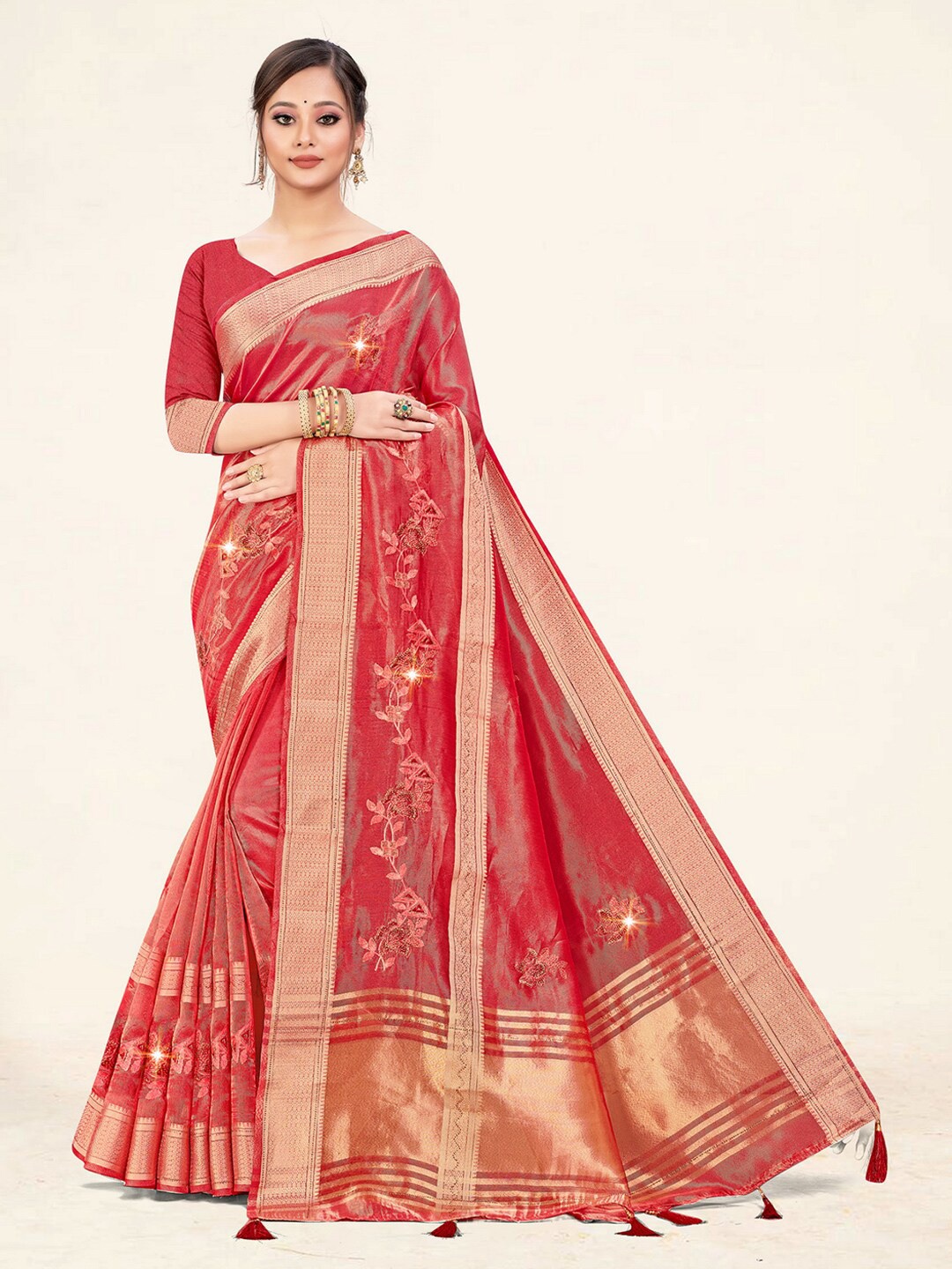 

Mitera Floral Embroidered Zari Organza Saree, Red