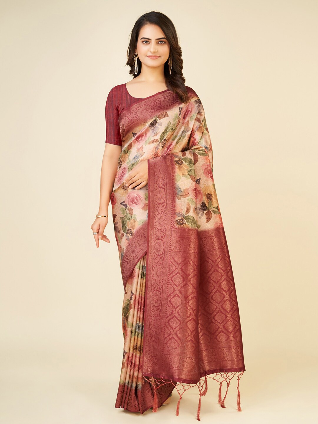 

Mitera Purple & Green Floral Zari Saree