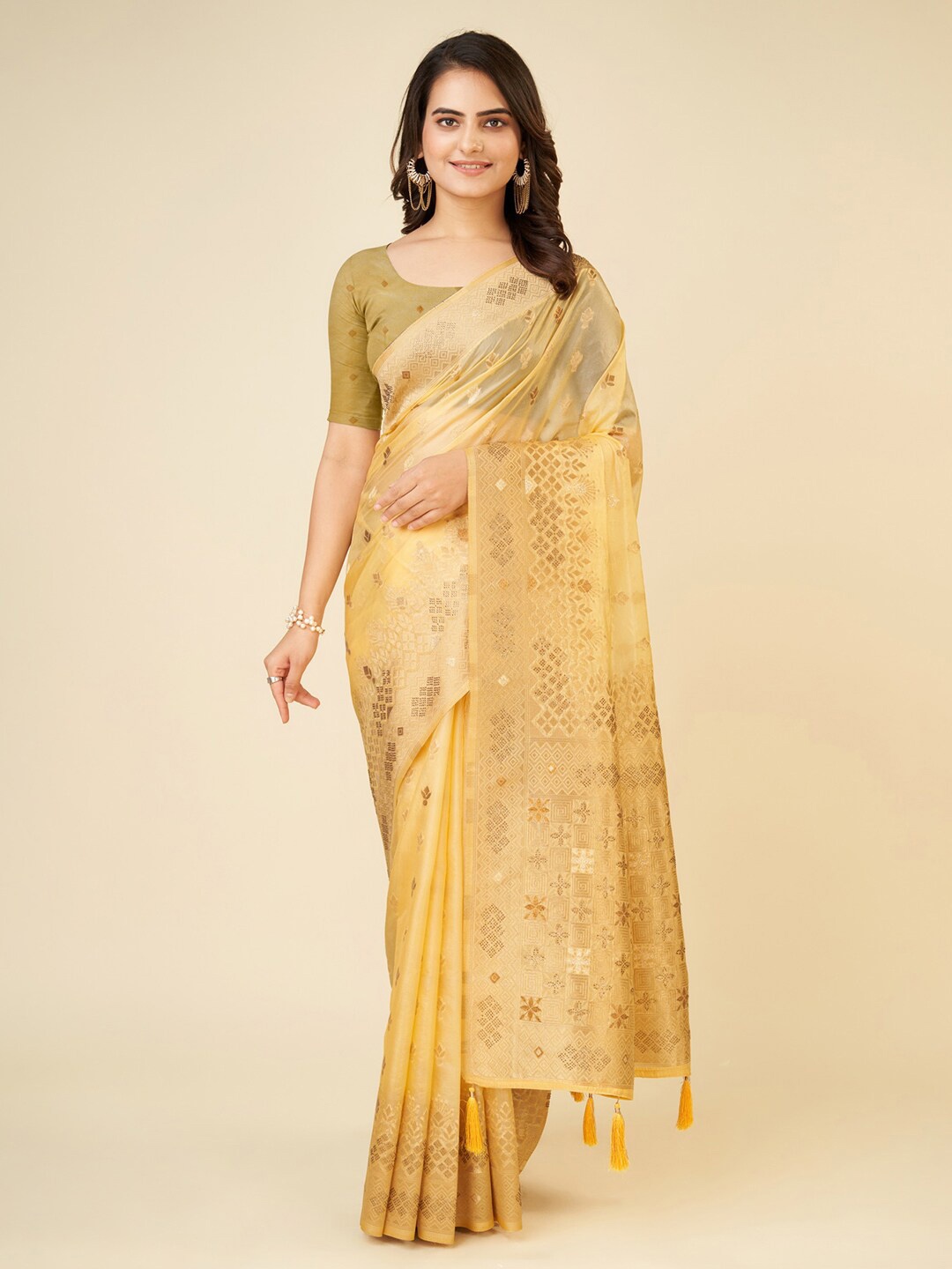 

Mitera Yellow & Gold-Toned Woven Design Zari Saree
