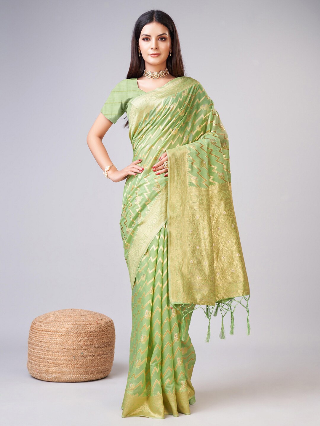 

Mitera Green & Gold-Toned Chevron Woven Design Zari Saree