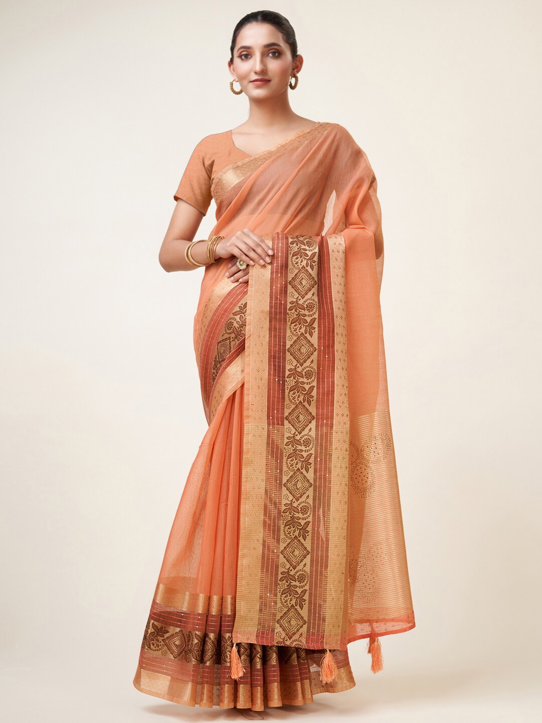 

Mitera Peach-Coloured & Gold-Toned Zari Organza Saree