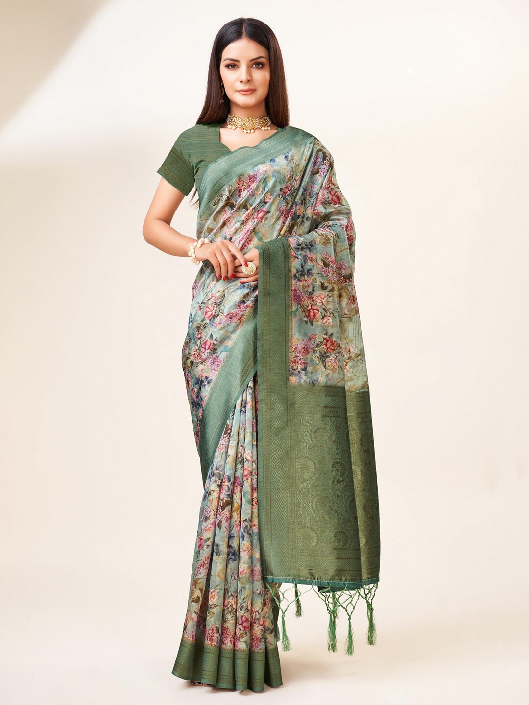 

Mitera Floral Zari Organza Saree, Green