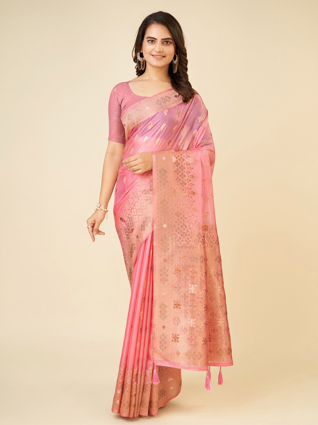 

Mitera Woven Design Zari Silk Blend Saree, Pink