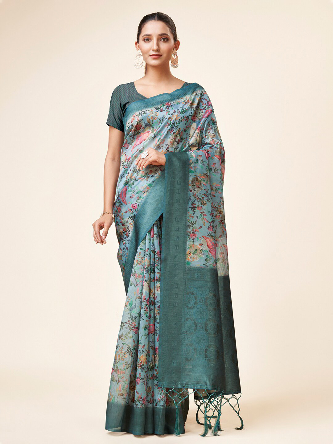 

Mitera Green & Pink Floral Printed Zari Organza Saree
