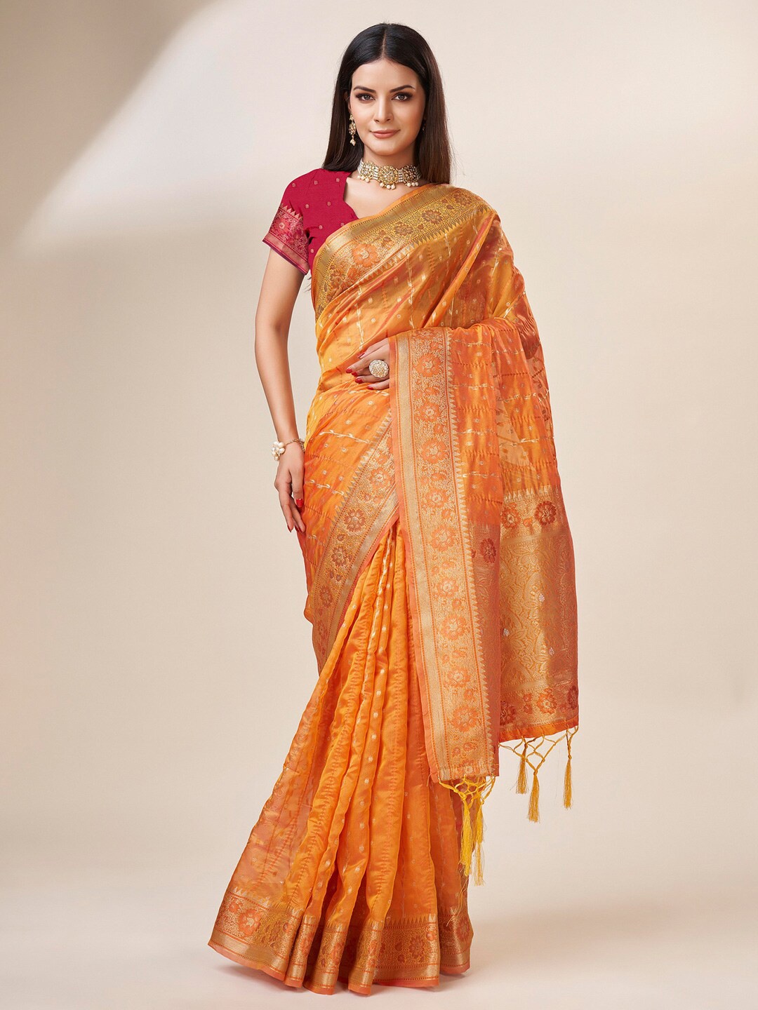 

Mitera Gold-Toned & Orange Ethnic Motifs Woven Design Zari Organza Saree