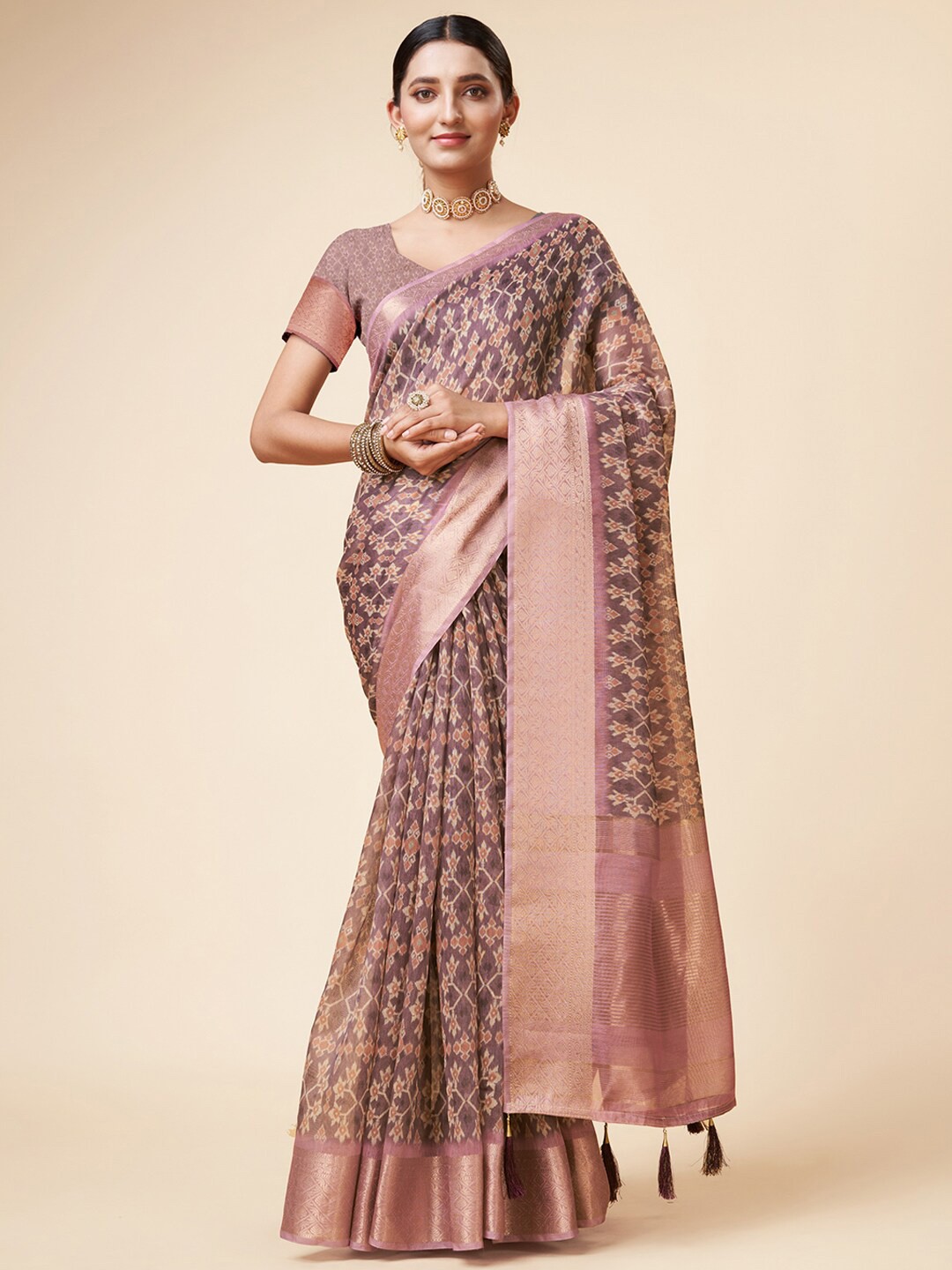 

Mitera Purple Ethnic Motifs Printed Zari Detailed Organza Saree