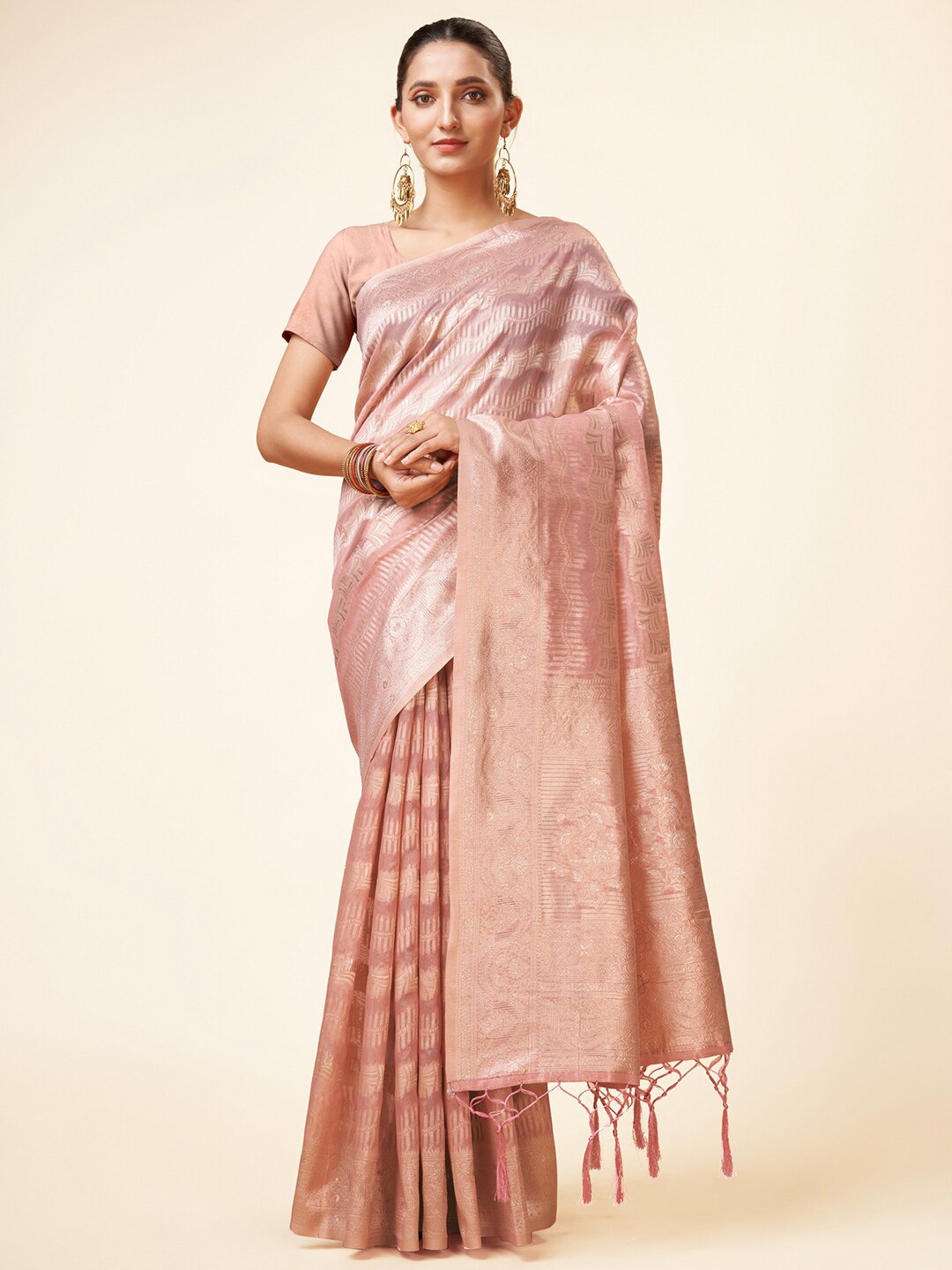

Mitera Pink & Gold-Toned Ethnic Motifs Woven Design Zari Organza Saree