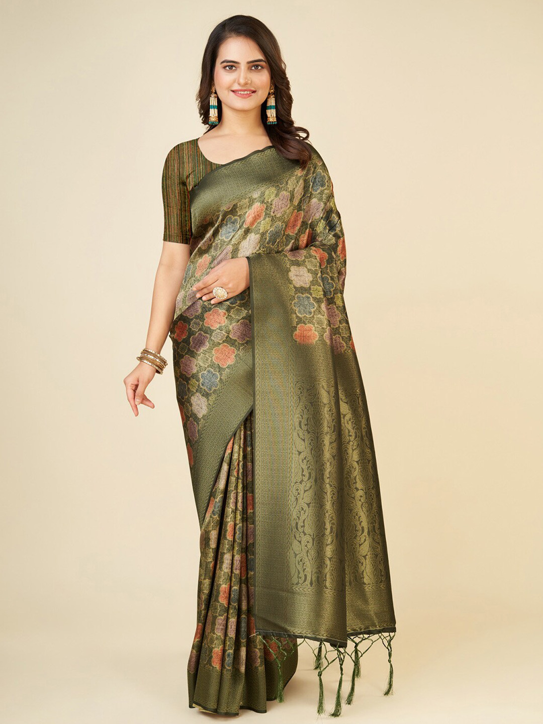 

Mitera Sea Green & Blue Floral Printed Saree