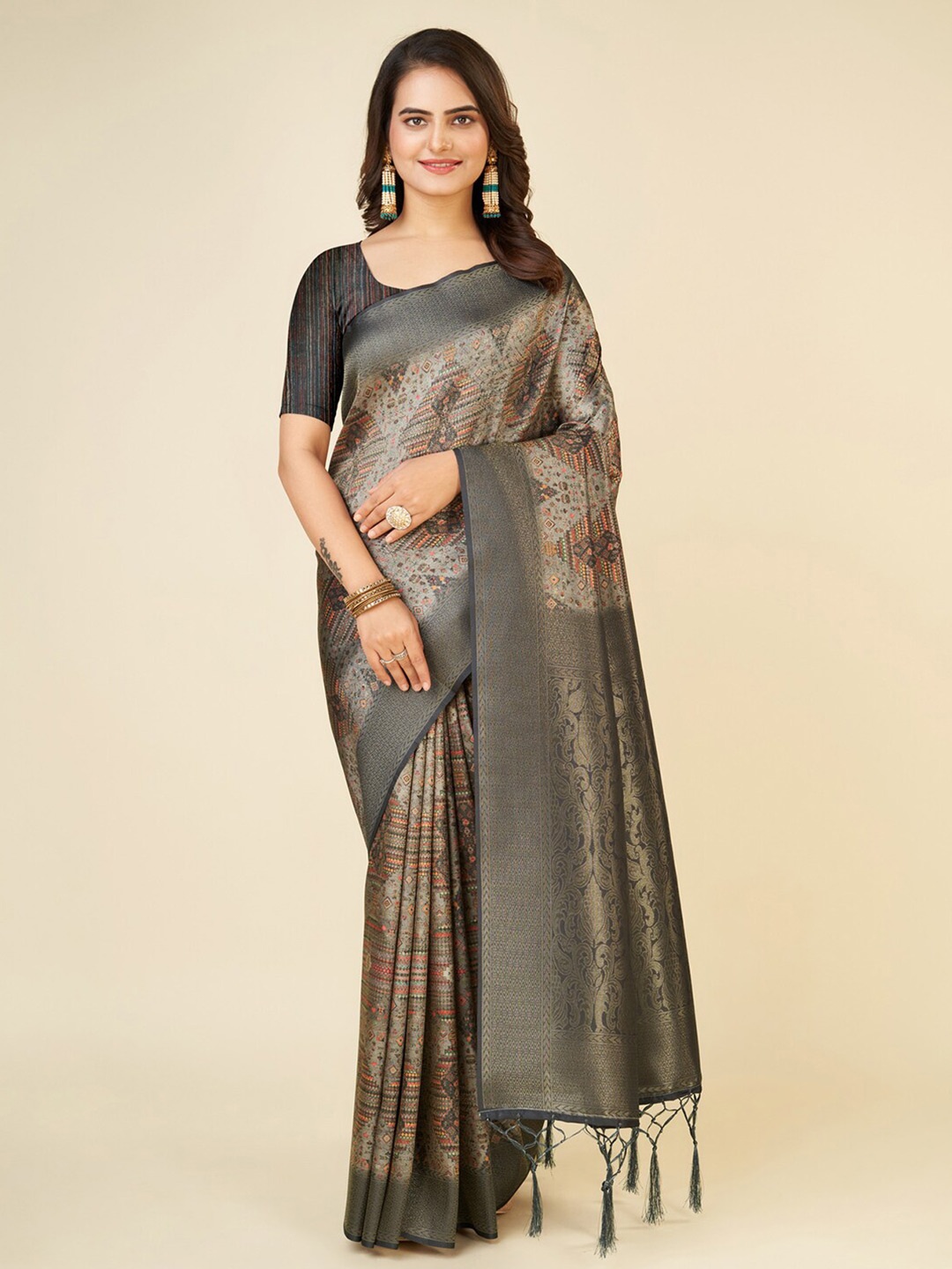 

Mitera Grey & Black Ethnic Motifs Zari Saree