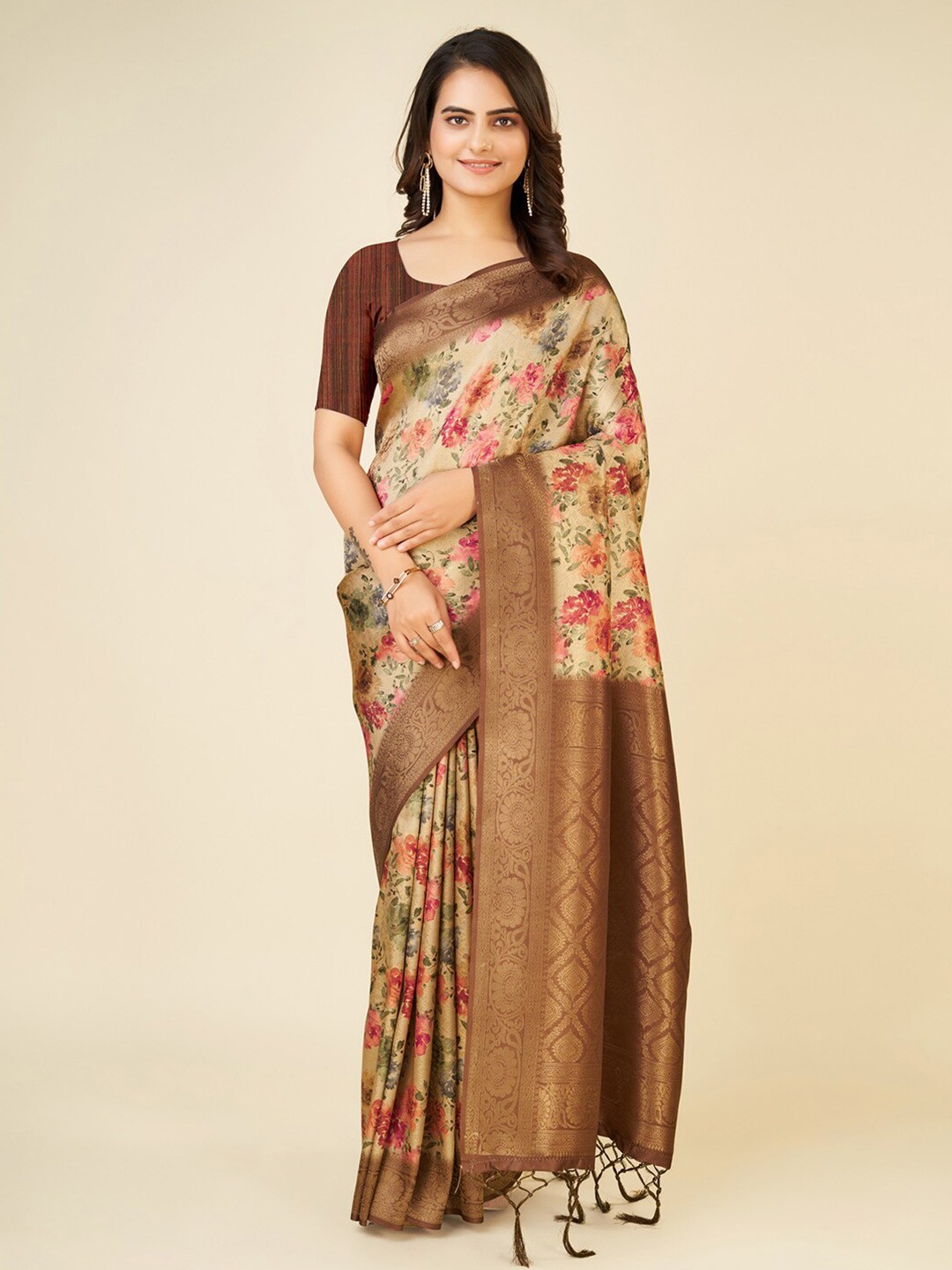 

Mitera Brown Floral Woven Design Zari Art Silk Saree