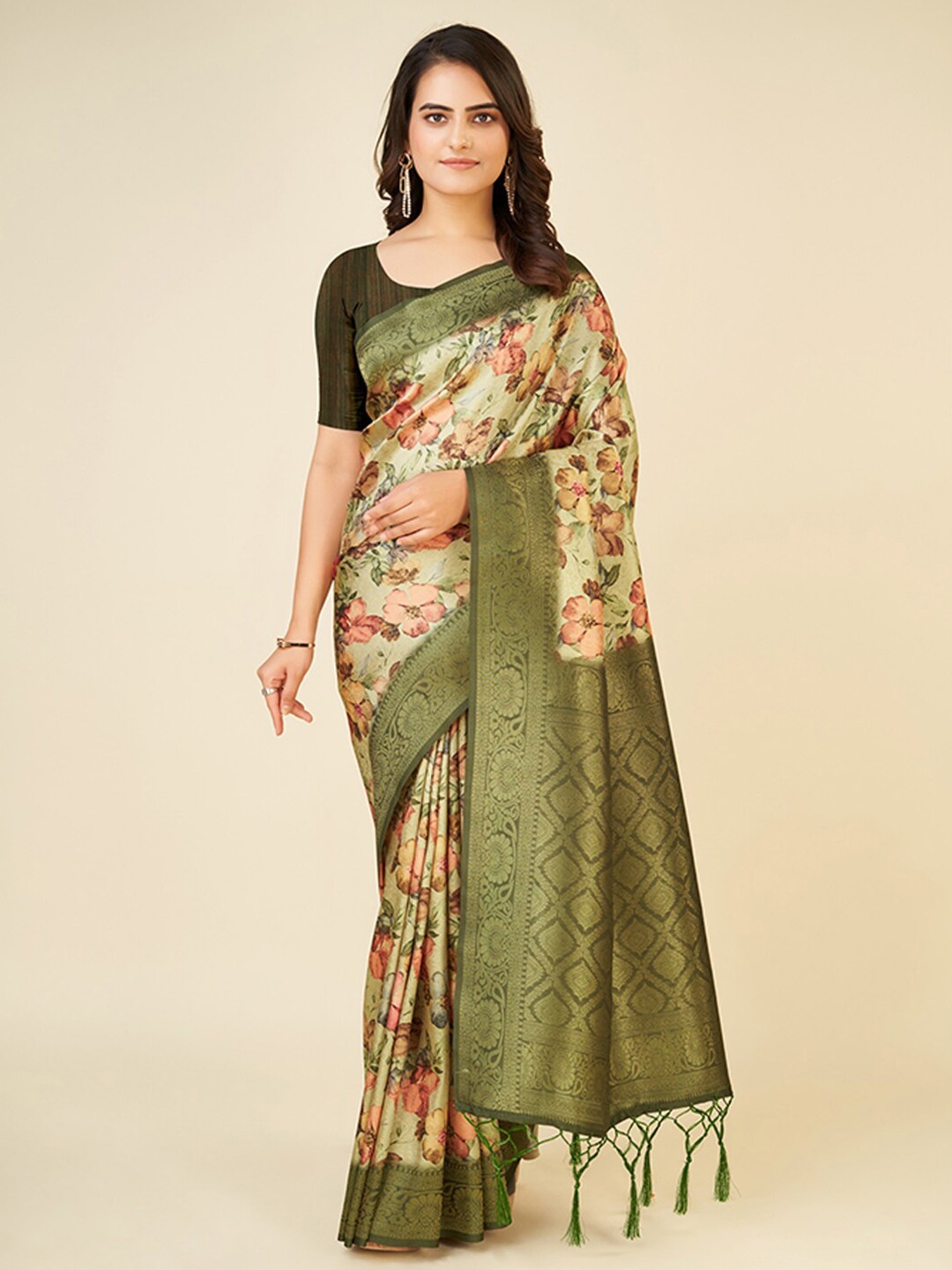 

Mitera Floral Zari Art Silk Saree, Sea green