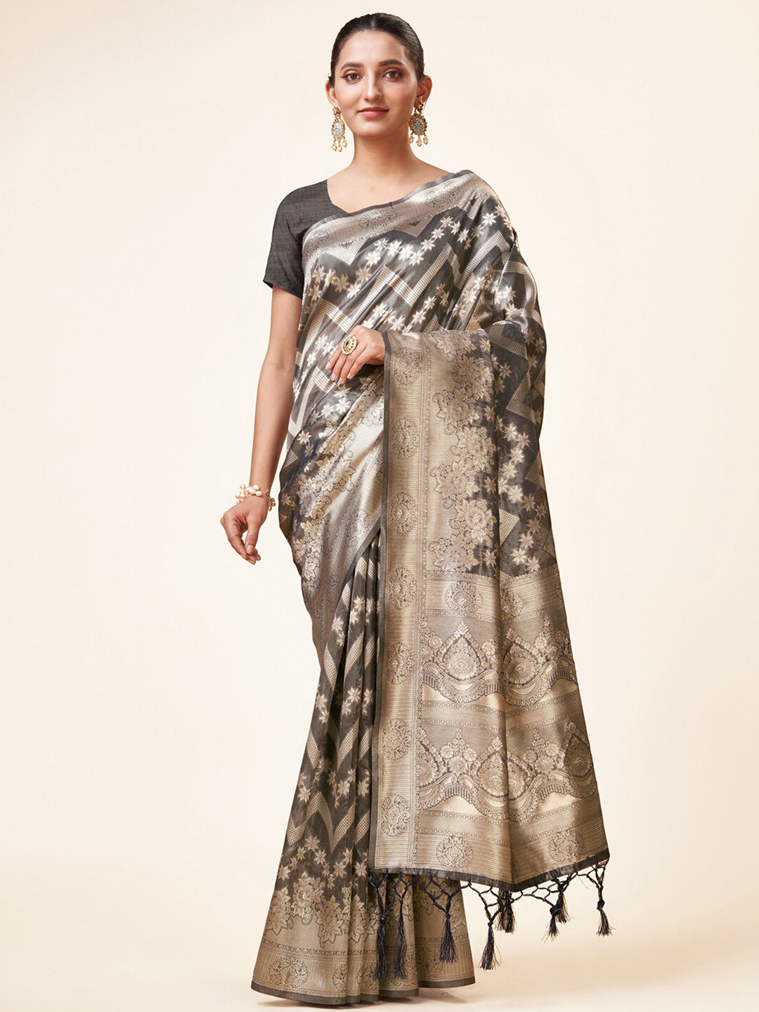 

Mitera Grey & Gold-Toned Ethnic Motifs Woven Design Zari Organza Saree