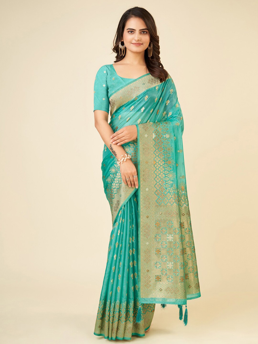 

Mitera Ethnic Motifs Woven Design Zari Saree, Sea green