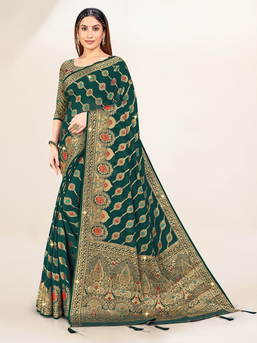 

Mitera Green Ethnic Motifs Woven Design Zari Detailed Pure Georgette Saree