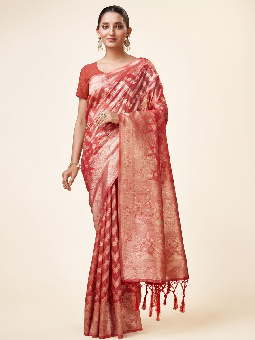 

Mitera Red Ethnic Motifs Woven Design Zari Detailed Organza Saree