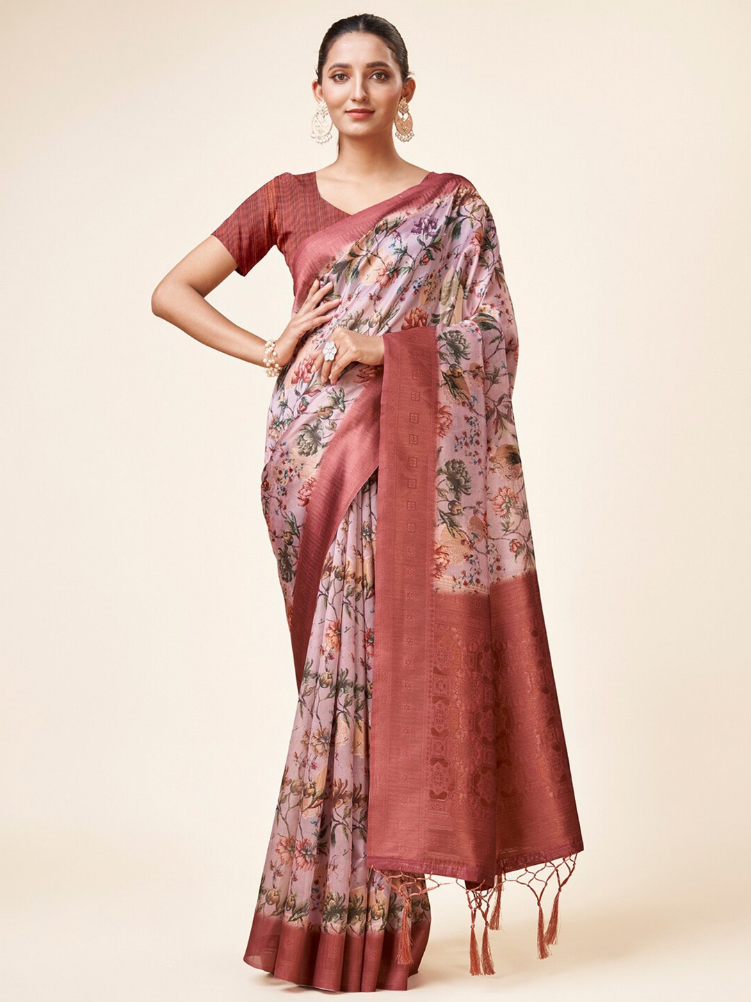 

Mitera Rust & Green Floral Printed Zari Organza Saree