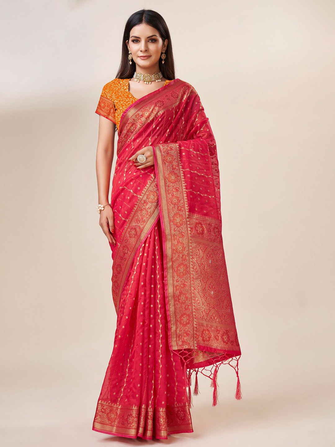 

Mitera Pink & Gold-Toned Ethnic Motifs Woven Design Zari Organza Saree