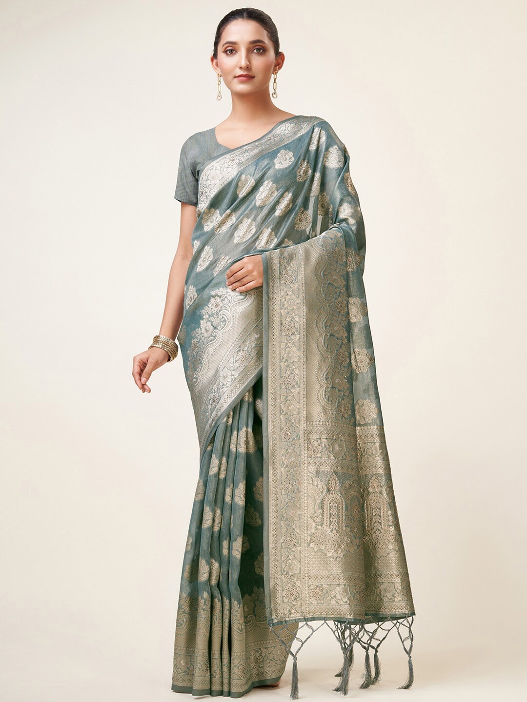 

Mitera Grey Ethnic Motifs Woven Design Zari Organza Saree