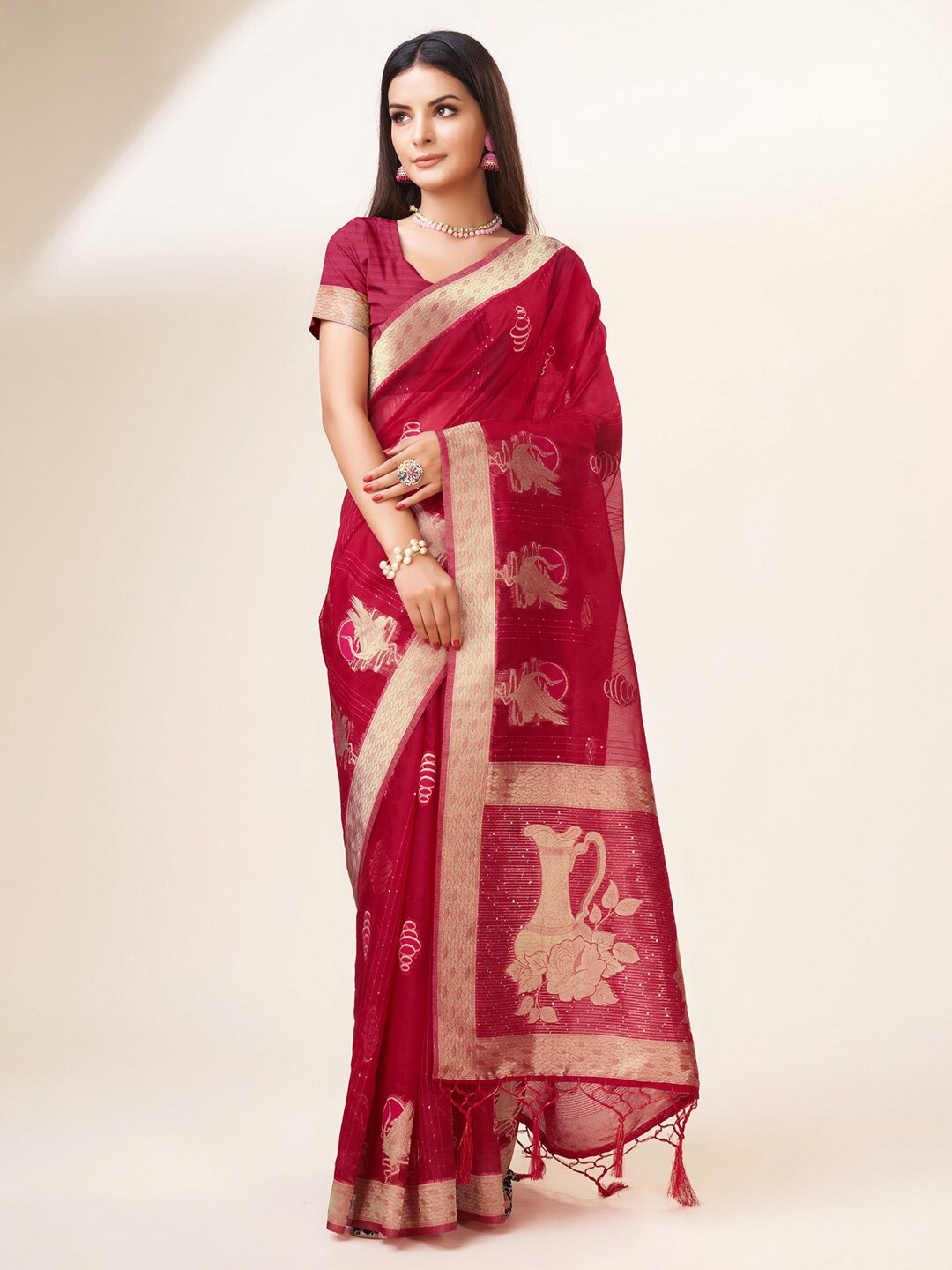 

Mitera Ethnic Motifs Woven Design Zari Organza Saree, Pink