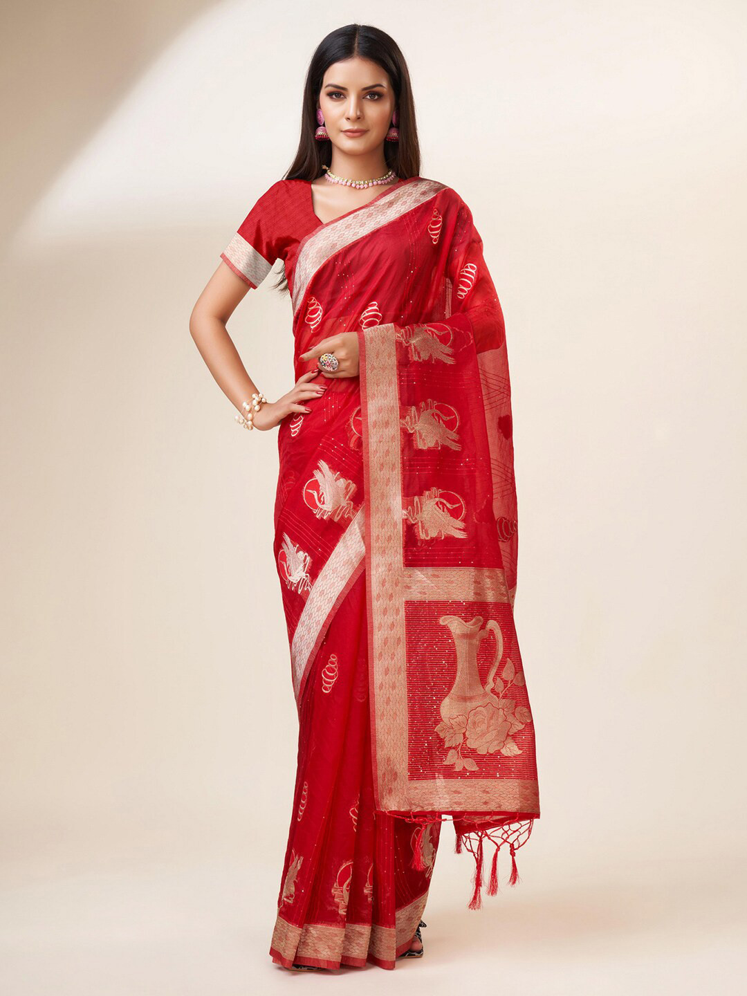 

Mitera Ethnic Motifs Zari Organza Saree, Red