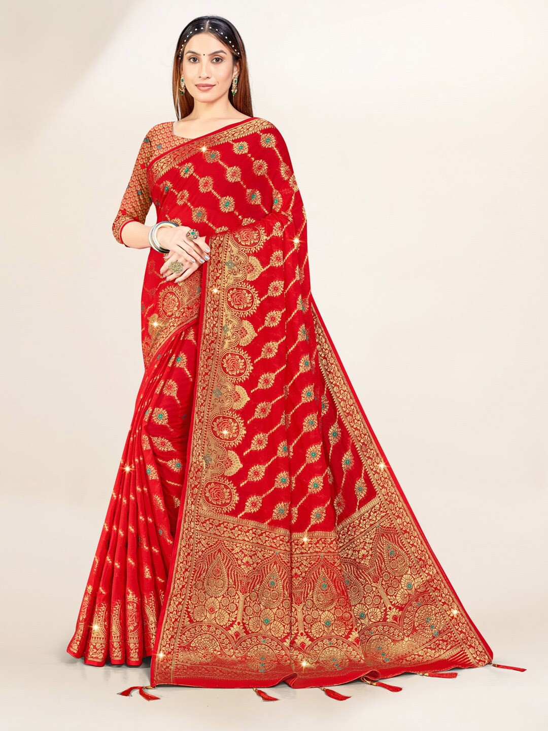 

Mitera Red & Gold-Toned Ethnic Motif Woven Design Zari Pure Georgette Saree