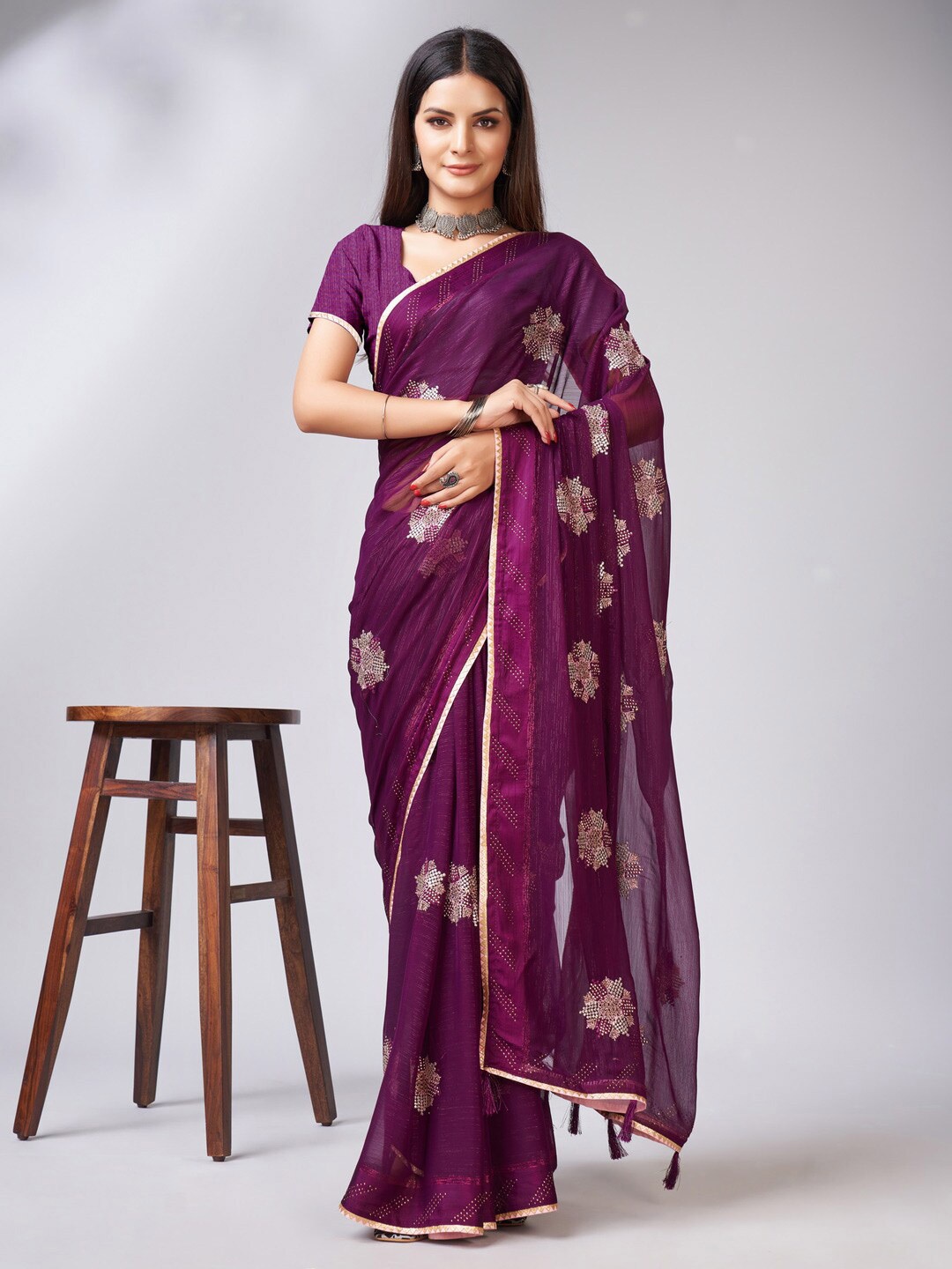 

Mitera Purple Floral Embroidered Sequinned Pure Georgette Saree