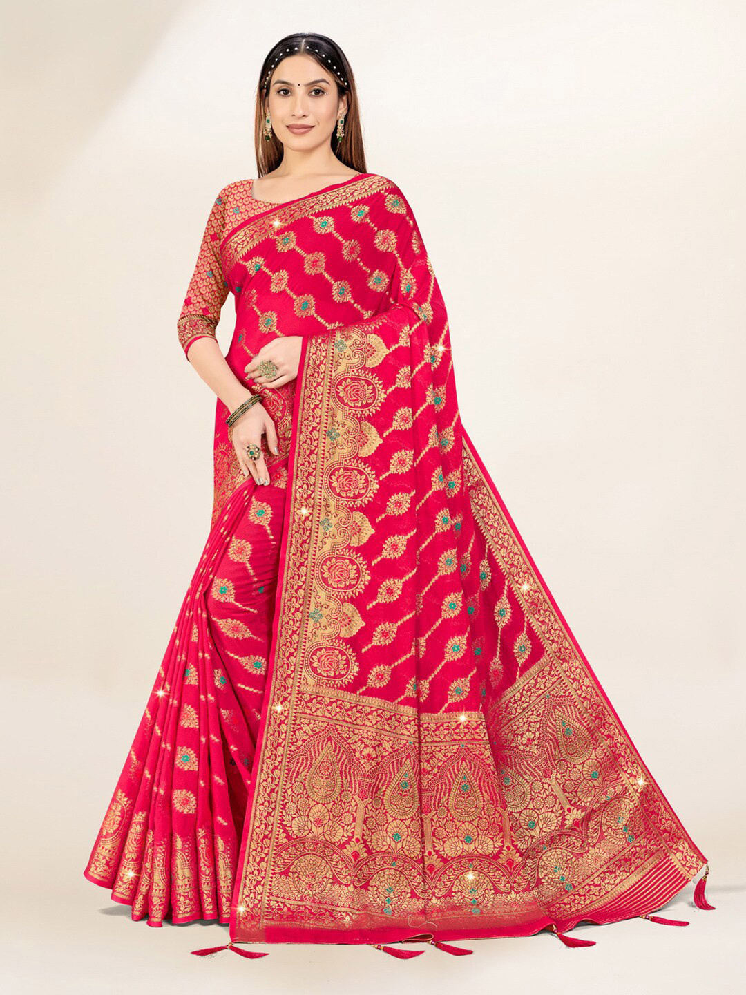 

Mitera Woven Design Zari Pure Georgette Saree, Pink