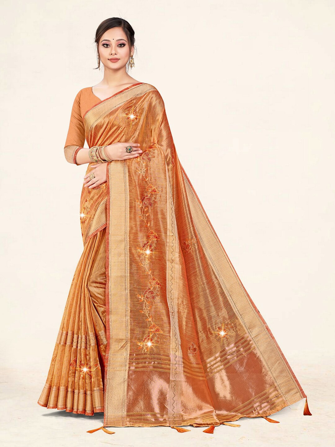 

Mitera Orange & Gold-Toned Floral Embroidered Zari Organza Saree