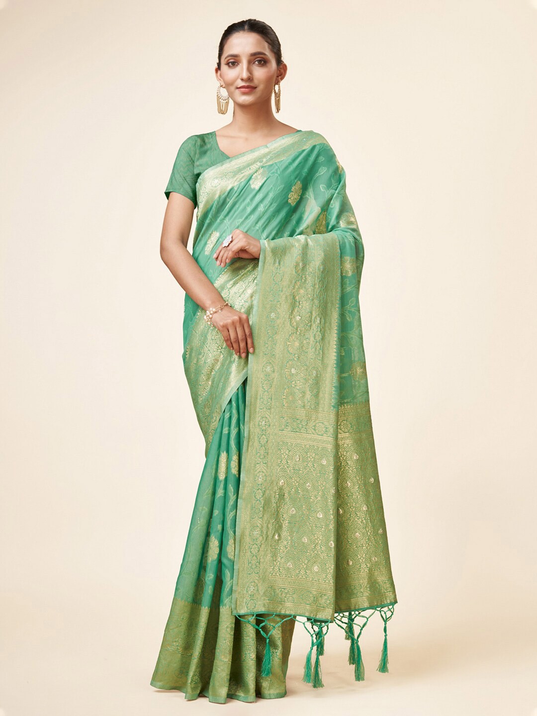 

Mitera Sea Green & Gold-Toned Ethnic Motifs Woven Design Zari Organza Saree