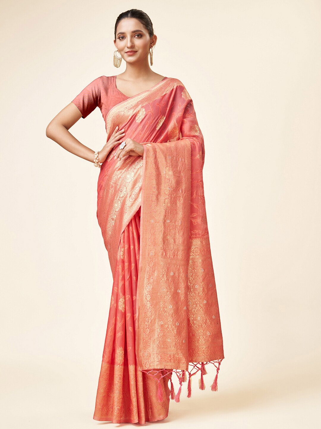 

Mitera Ethnic Motifs Woven Design Zari Organza Saree, Pink