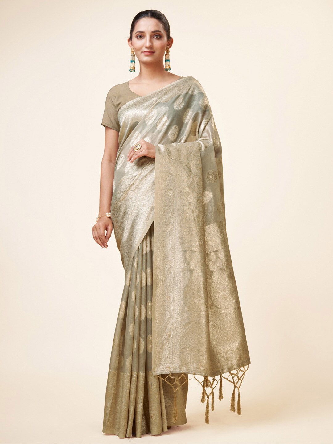 

Mitera Ethnic Motifs Zari Organza Saree, Grey