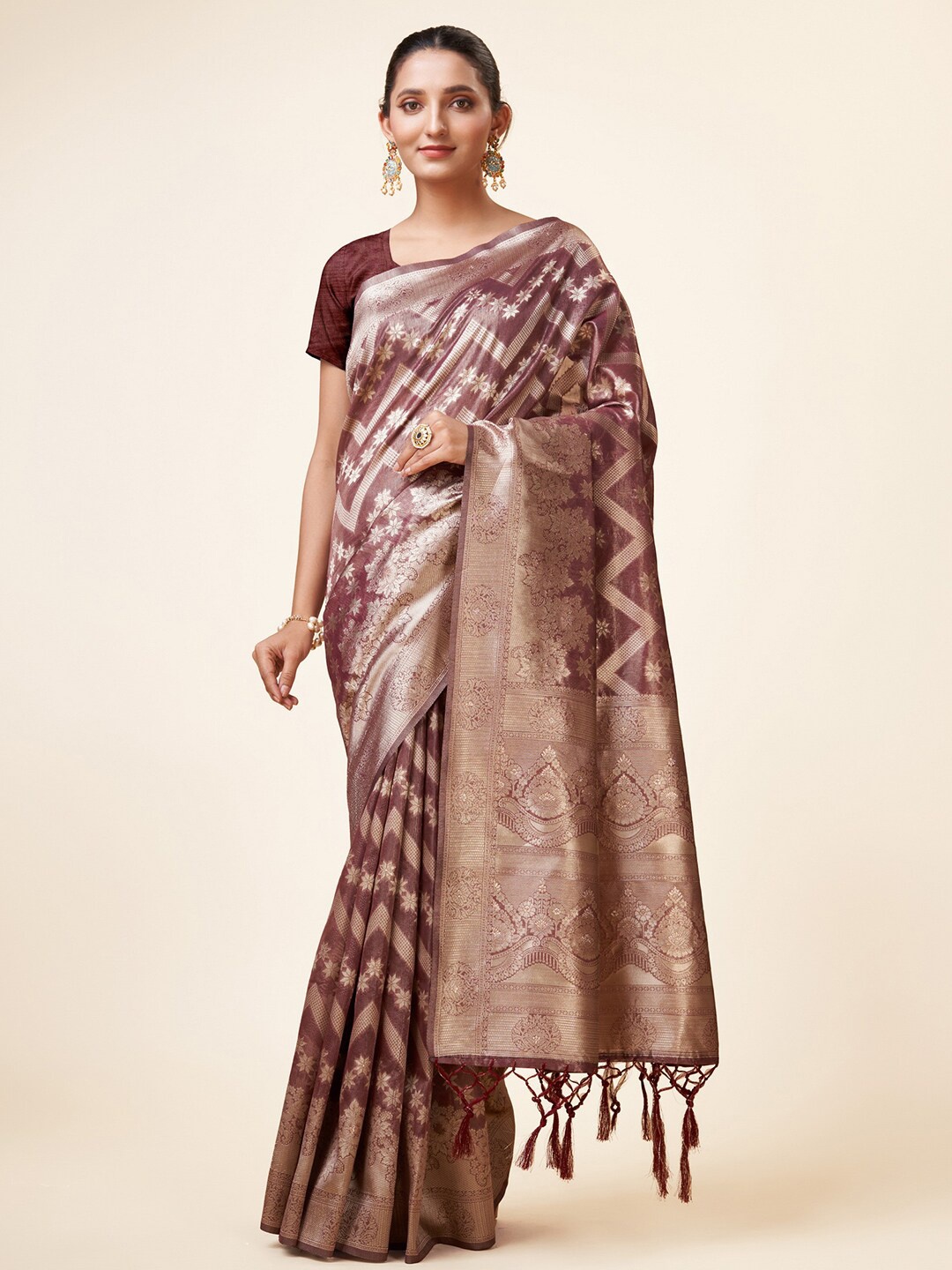 

Mitera Purple & Gold Toned Ethnic Motifs Woven Design Zari Organza Saree