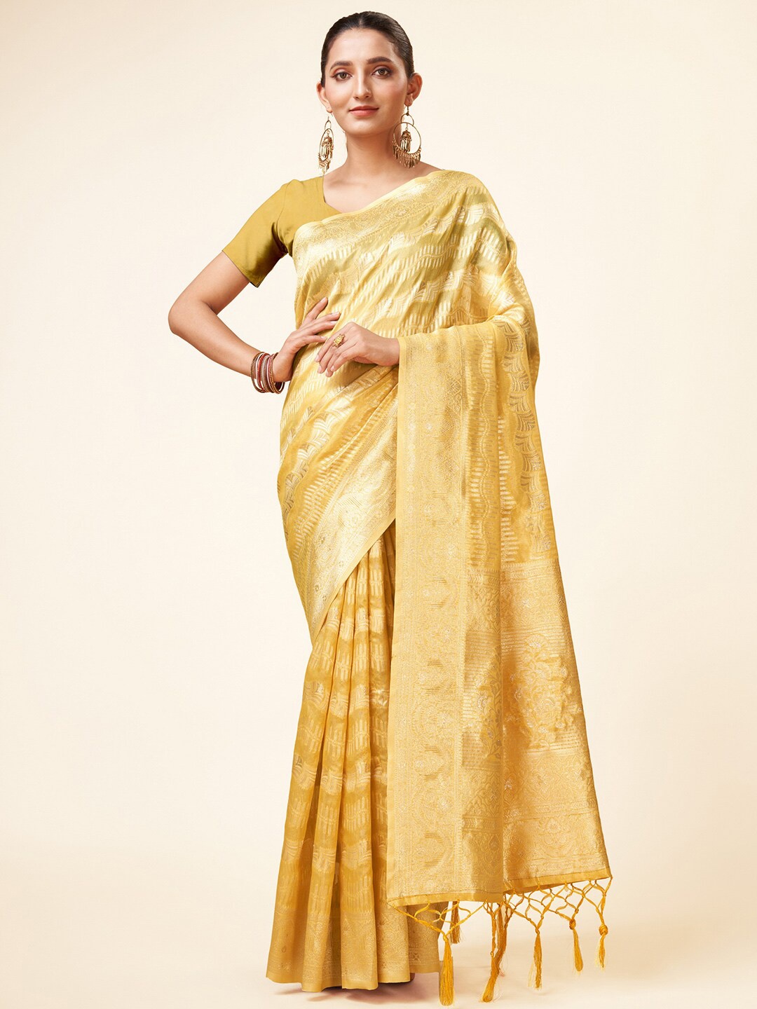 

Mitera Yellow & Gold-Toned Floral Woven Design Zari Organza Saree