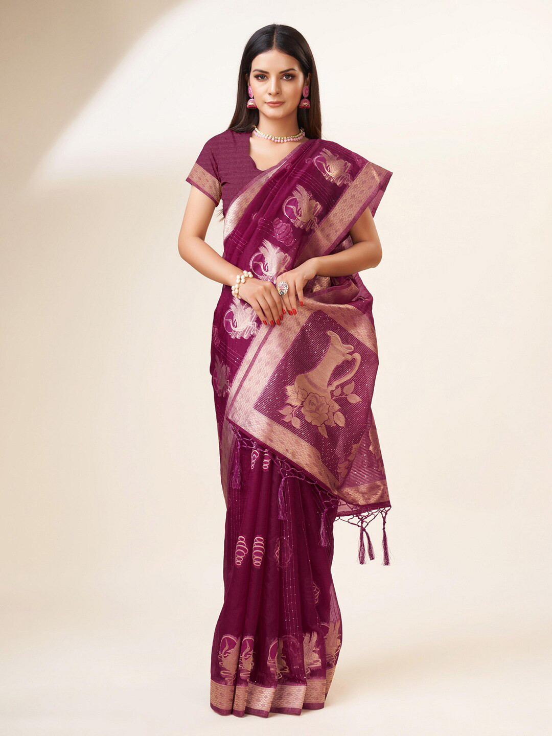 

Mitera Ethnic Motifs Woven Design Zari Organza Saree, Purple