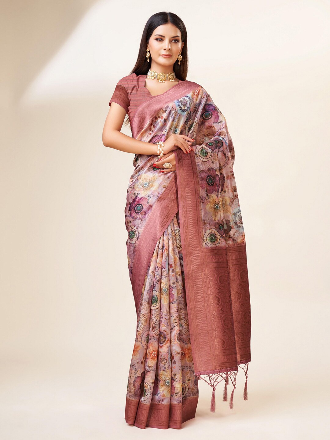 

Mitera Floral Woven Design Zari Organza Saree, Pink