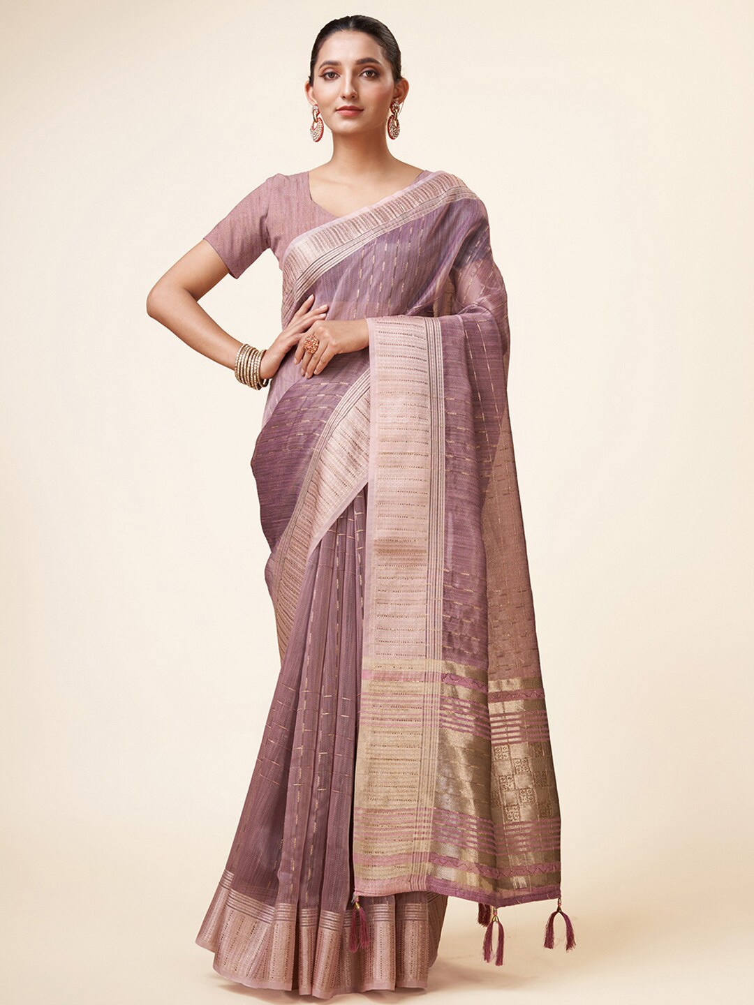 

Mitera Purple Striped Woven Design Zari Organza Saree