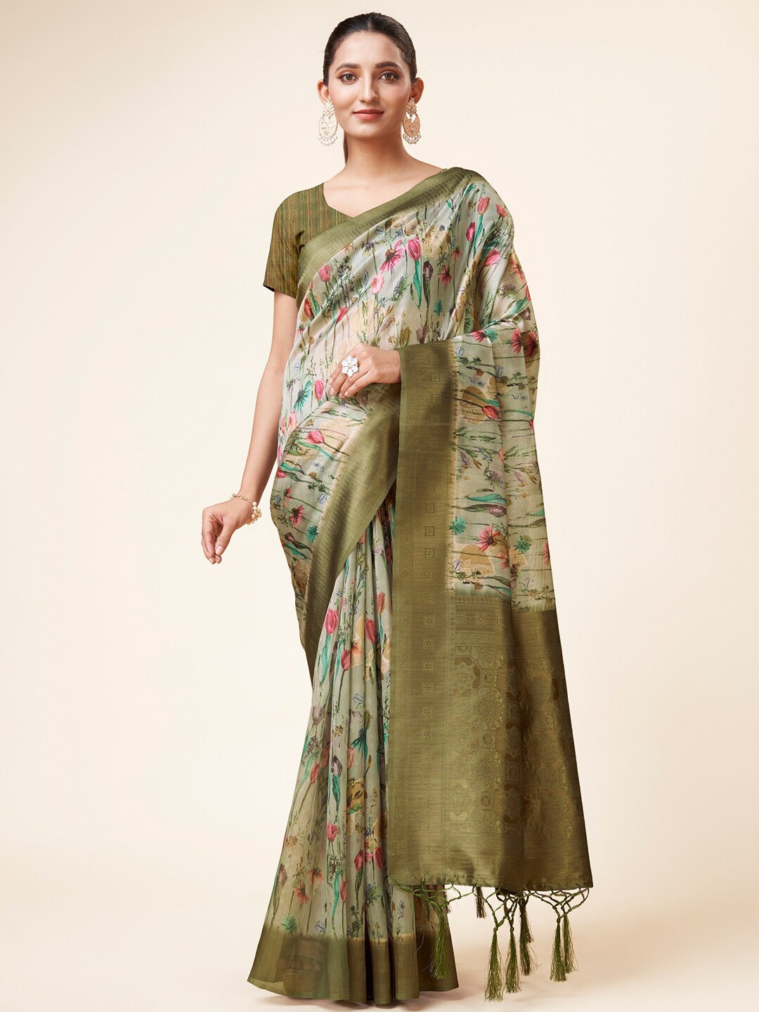 

Mitera Turquoise Blue & Green Floral Printed Zari Organza Saree