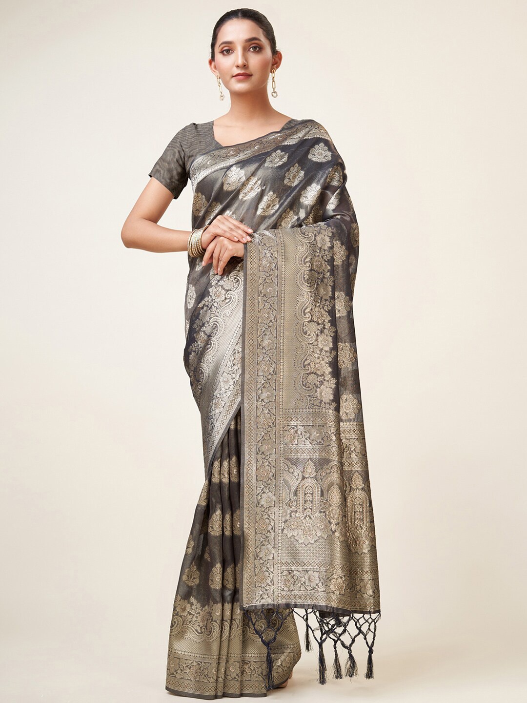 

Mitera Turquoise Blue & Gold-Toned Ethnic Motifs Woven Design Zari Organza Saree